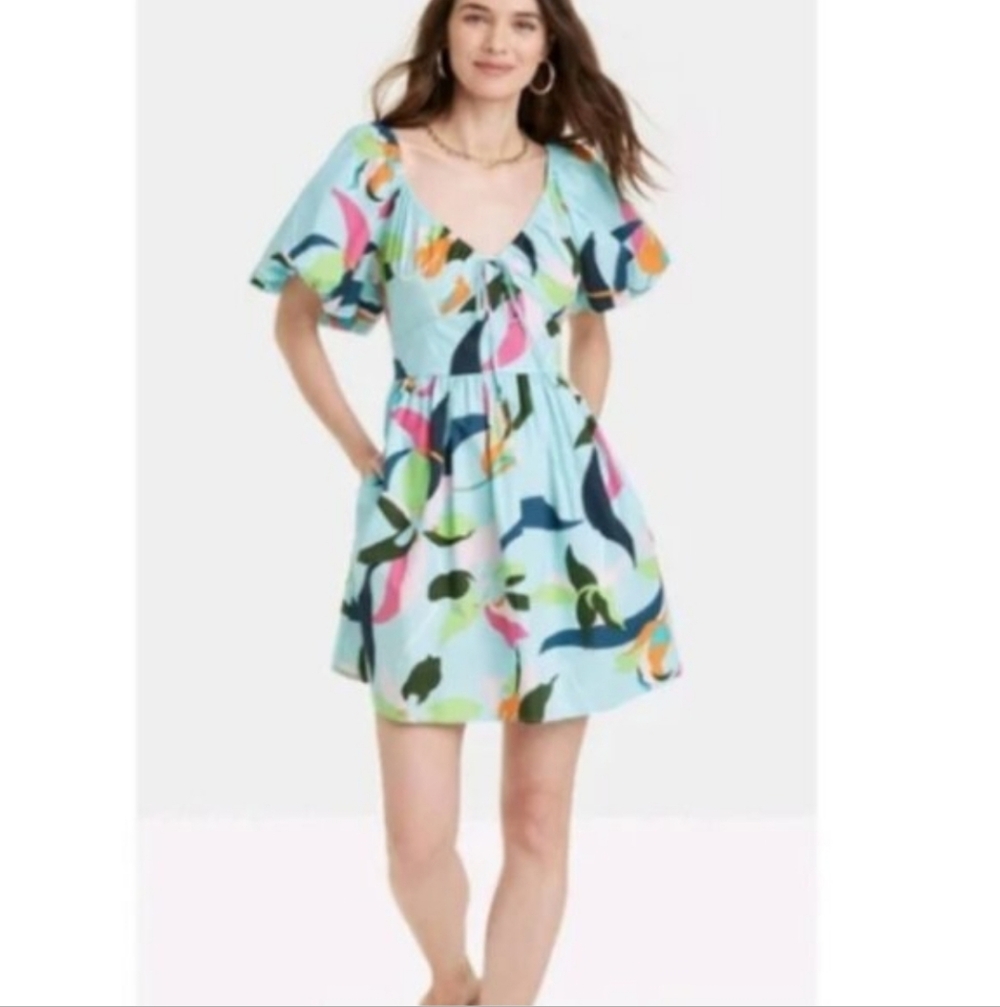 A New Day Blue Floral Print Women's Mini Dress Size Large